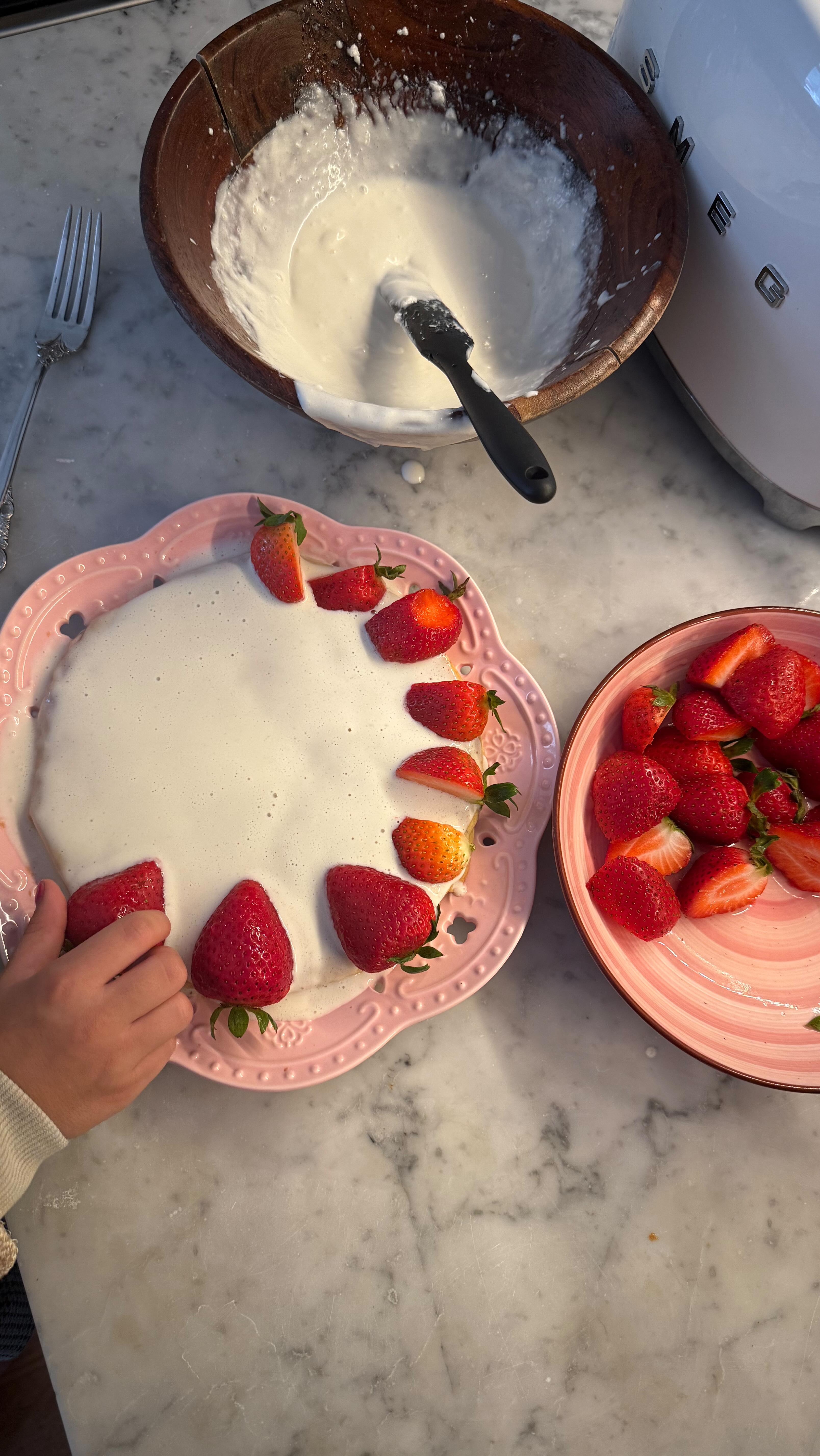 Food is more than what we pack in the grocery bag. It’s nature, nourishment, and love. Teaching kids about ingredients helps them grow strong, make better choices, and build a bond with food that lasts forever 💗

Ingredients
	•	1 cup all-purpose flour
	•	1 cup sugar
	•	4 eggs (room temperature)
	•	1 tsp baking powder
	•	1 tsp vanilla extract
	•	Pinch of salt

Topping
	•	1 cup thick Greek yogurt (plain or vanilla, chilled)
	•	¼ cup coconut milk (full-fat, chilled — for creaminess)
	•	2 tbsp honey or powdered sugar (to sweeten)
	•	Fresh strawberries, washed and halved
	•	Optional: shredded coconut for sprinkling

⸻

Instructions

1. Bake the sponge cake
	•	Preheat oven to 350°F (175°C). Grease and line a round cake pan.
	•	Beat eggs and sugar until pale and fluffy (7–10 minutes).
	•	Sift flour, baking powder, and salt. Gently fold into egg mixture with vanilla.
	•	Pour batter into pan and bake 25–30 minutes until golden and springy. Let it cool fully.

2. Make yogurt–coconut topping
	•	In a bowl, whisk yogurt, coconut milk, and honey/powdered sugar until smooth and creamy.
	•	Keep chilled until ready to spread.

3. Assemble
	•	Spread the yogurt–coconut mixture over the cooled cake.
	•	Top with fresh strawberries in a pretty pattern.
	•	Sprinkle shredded coconut on top for extra flavor (optional).