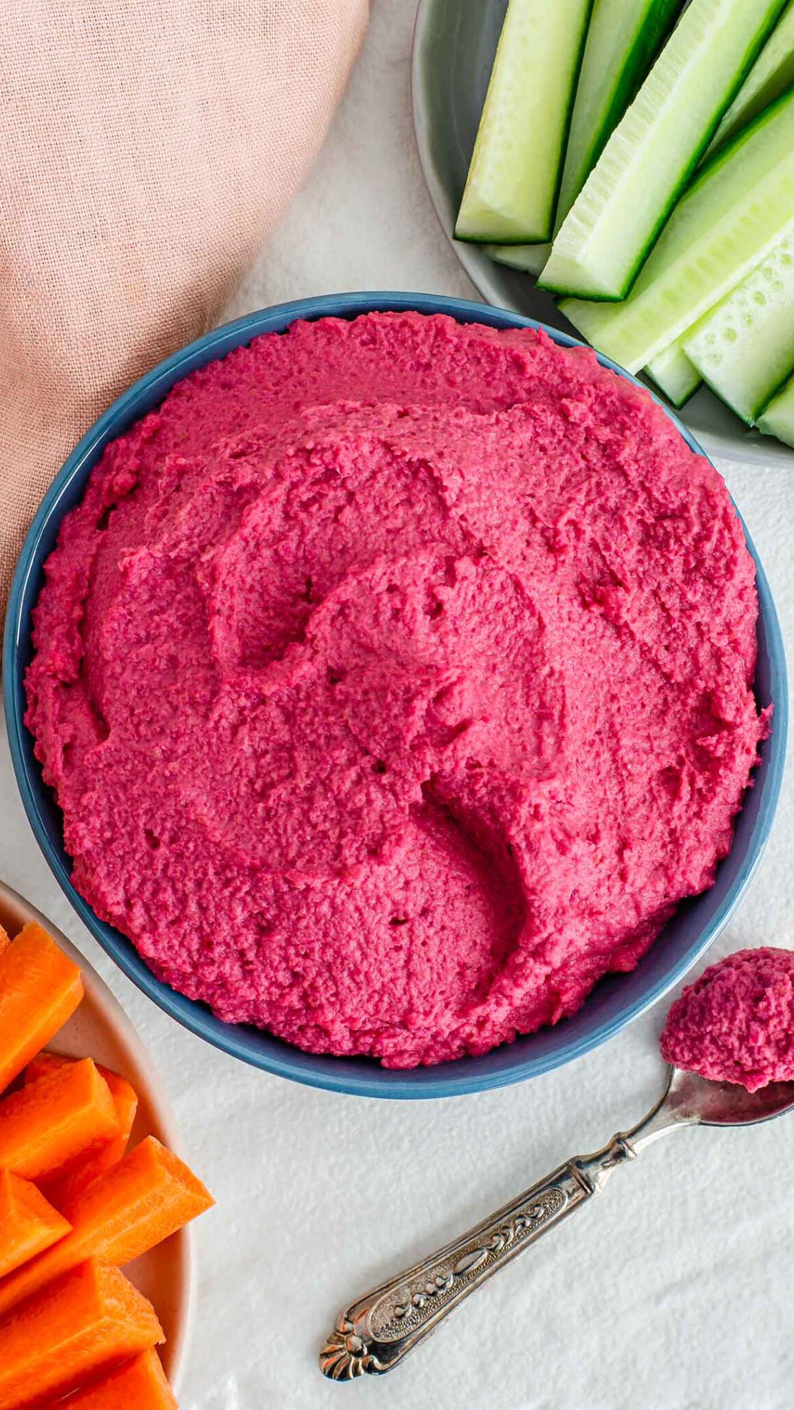Pink Princess Beet Hummus 💗

Family-sized • All natural • Naturally pink from real beets

Ingredients
	•	1 medium beet, cooked + peeled
	•	1 can chickpeas (400 g), drained
	•	2–3 tbsp extra-virgin olive oil
	•	2–3 tbsp lemon juice
	•	1 small garlic clove (or half for kids)
	•	½ tsp salt (adjust to taste)
	•	2–4 tbsp water until creamy

⸻

How to Make It
	1.	Cook the beet until soft; peel.
	2.	Blend beet + chickpeas.
	3.	Add olive oil, lemon, garlic, and salt.
	4.	Add water gradually until smooth and fluffy.
	5.	Taste and adjust.